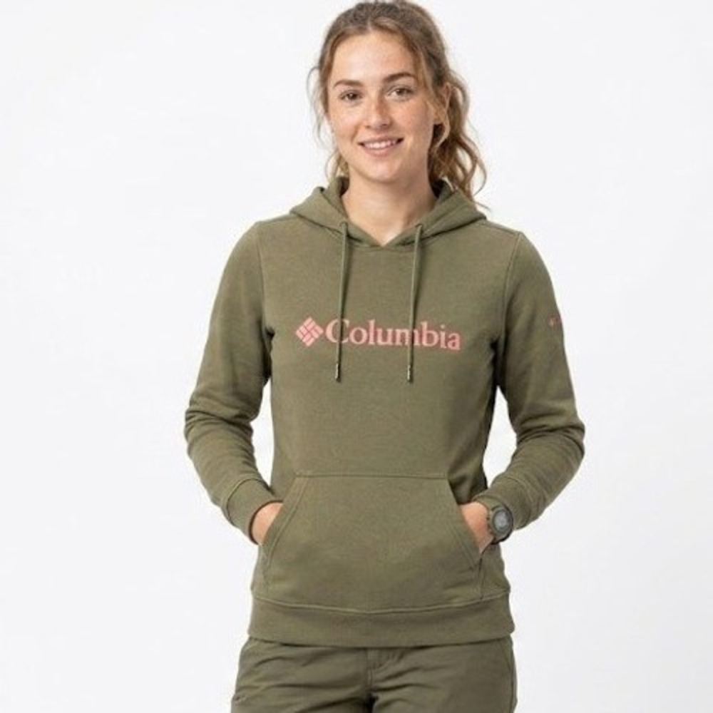 Columbia Hoodie Women's Small Olive Green Pink Logo Fleece Lined Kangaroo Pocket